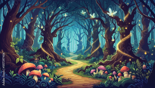 Mystical woodland with ancient trees lush vegetation and sparkling fairy lights background