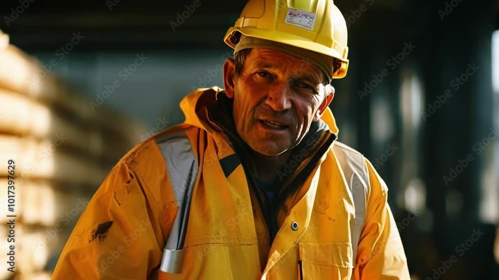 Mature construction worker wearing a hard hat and reflective vest is standing in front of a stack of lumber on a job site Mature construction worker wearing a hard hat and reflective vest is standing in front of a stack of lumber on a job site