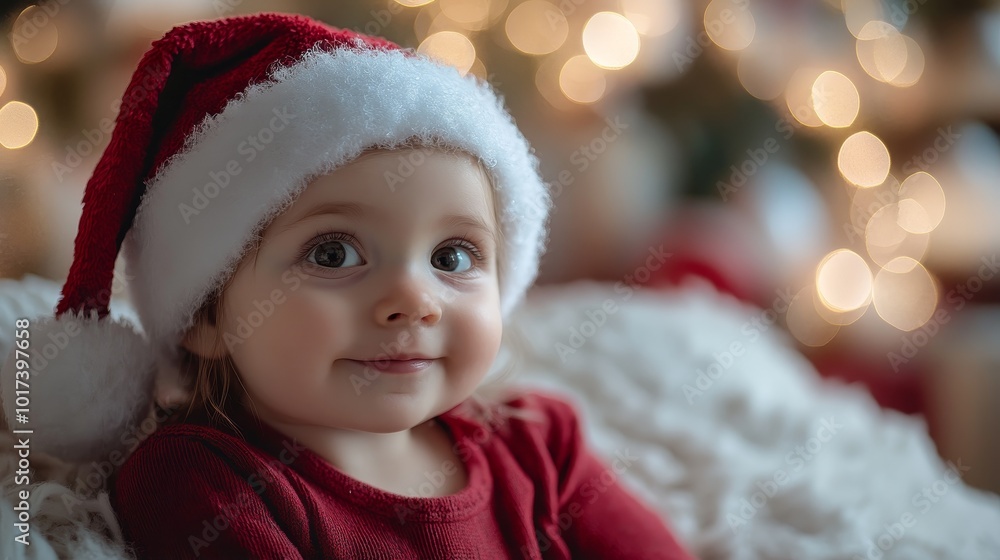 A Joyful Toddler in a Christmas Hat Smiles Warmly Beside a Beautifully Decorated Holiday Tree A Joyful Toddler in a Christmas Hat Smiles Warmly Beside a Beautifully Decorated Holiday Tree