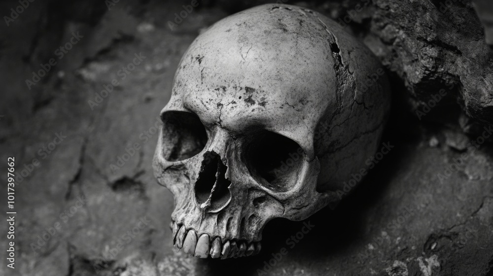 A human skull with teeth visible rests on a dark, textured surface. A human skull with teeth visible rests on a dark, textured surface.