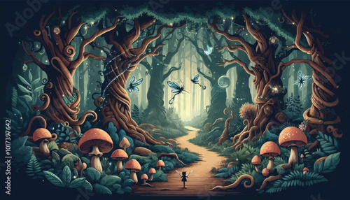 Mystical woodland with ancient trees lush vegetation and sparkling fairy lights background