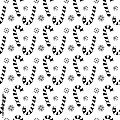 Doodle candy cane and snowflakes Seamless pattern. Christmas greeting wallpaper, background texture