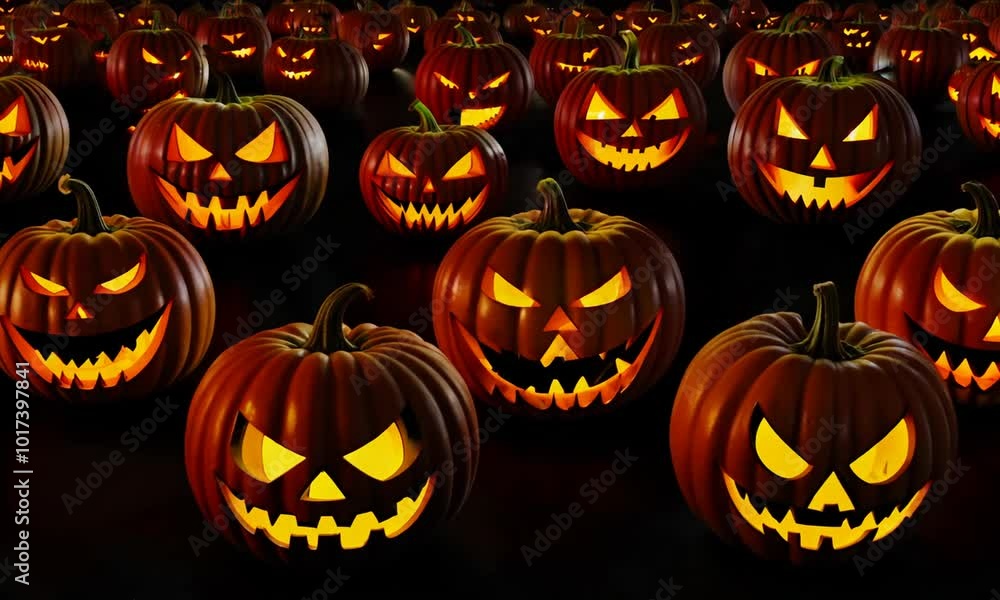 Halloween background, many jack o lanterns pumpkins different scary carved faces Halloween background, many jack o lanterns pumpkins different scary carved faces