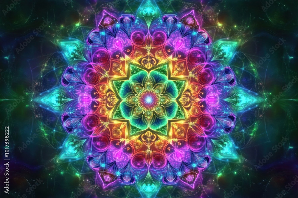 A vibrant, colorful mandala pattern glowing with soft light, representing harmony, peace, and positive energy. A vibrant, colorful mandala pattern glowing with soft light, representing harmony, peace, and positive energy.