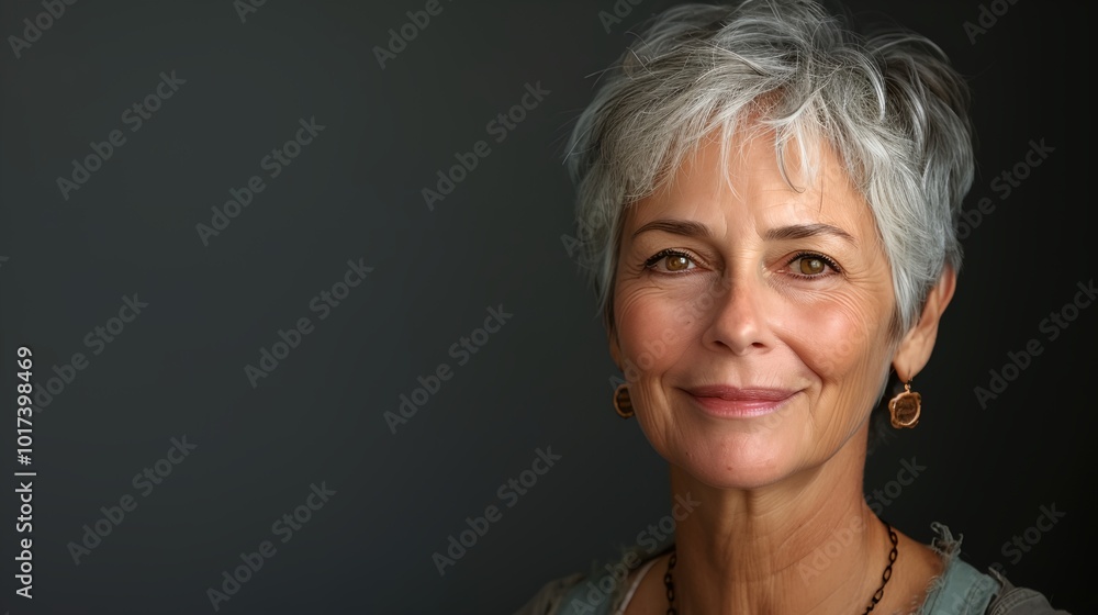 a woman with grey hair and earrings smiling at the camera with a black background a woman with grey hair and earrings smiling at the camera with a black background