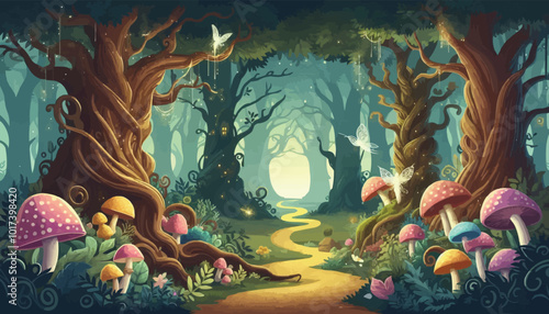 Mystical woodland with ancient trees lush vegetation and sparkling fairy lights background