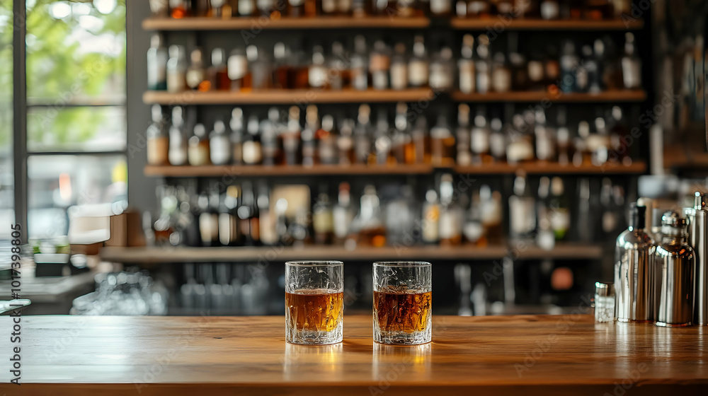 Two glasses of whiskey on a wooden bar with a liquor shelf backdrop. Two glasses of whiskey on a wooden bar with a liquor shelf backdrop.