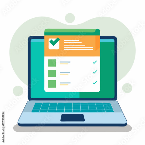 Online form survey on laptop vector illustration, working on computer quiz exam paper sheet document, on-line questionnaire results on desktop table flat cartoon, digital check list or internet test