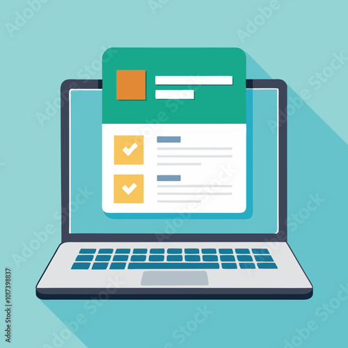 Online form survey on laptop vector illustration, working on computer quiz exam paper sheet document, on-line questionnaire results on desktop table flat cartoon, digital check list or internet test