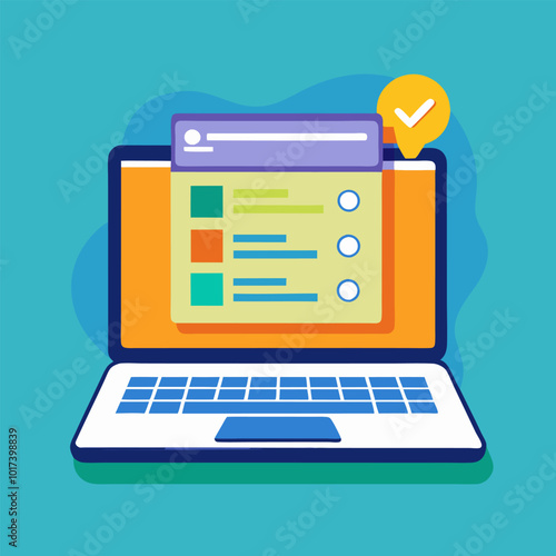 Online form survey on laptop vector illustration, working on computer quiz exam paper sheet document, on-line questionnaire results on desktop table flat cartoon, digital check list or internet test