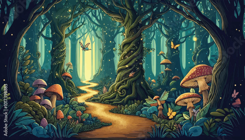 Mystical woodland with ancient trees lush vegetation and sparkling fairy lights background