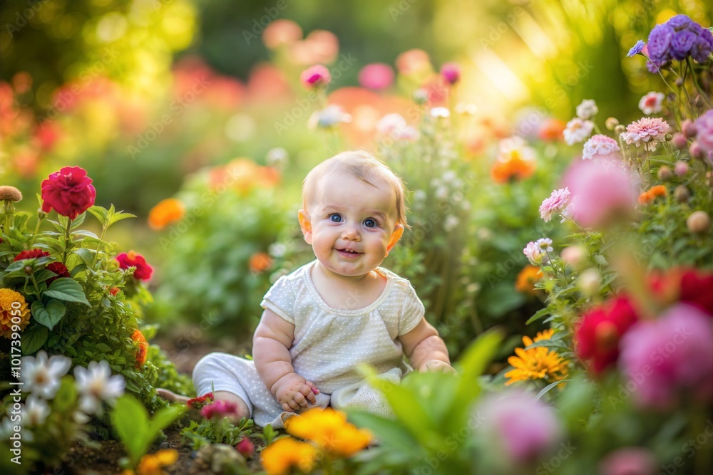 Smiling baby in colorful flower garden on sunny day