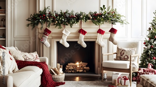 Cozy Christmas Living Room with Fireplace and Decorated Tree photo