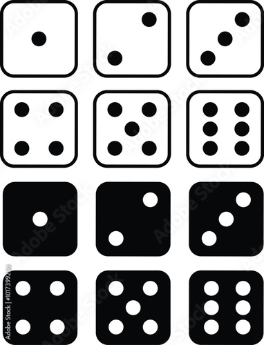 Game dice. Set of Ludo game dice collection. Dice in a line and flat design from one to six. monochrome dices Vector illustration