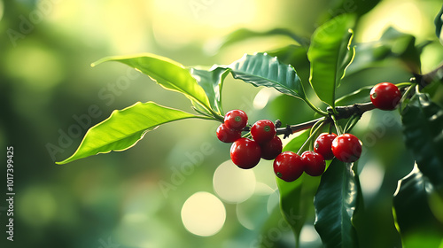 A branch of a coffee plant laden with ripe, red coffee cherries. photo