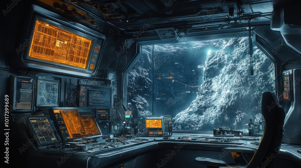 Fototapeta premium Inside a high-tech control room on a spacecraft, engineers monitor the progress of a mining expedition on a distant asteroid, with live data feeds and holographic 3D maps showing excavation sites.
