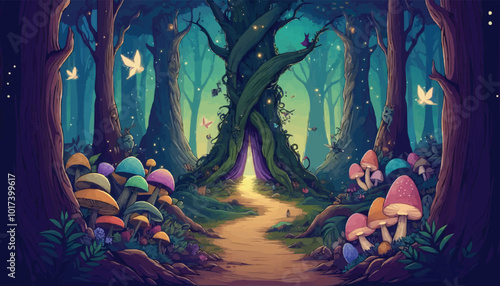 Mystical woodland with ancient trees lush vegetation and sparkling fairy lights background