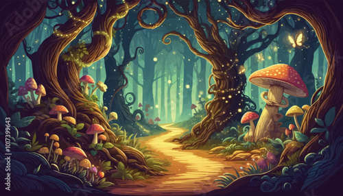Mystical woodland with ancient trees lush vegetation and sparkling fairy lights background
