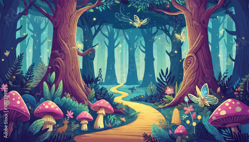 Mystical woodland with ancient trees lush vegetation and sparkling fairy lights background