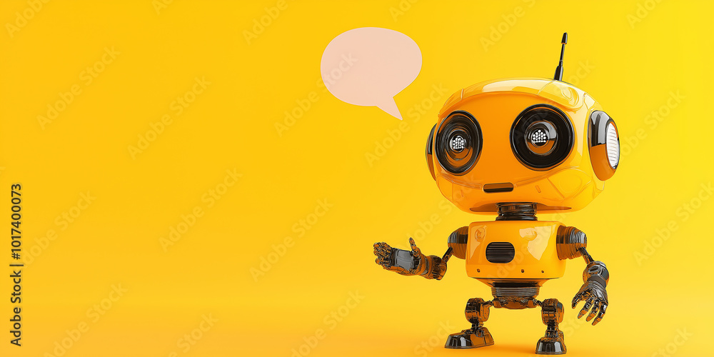3d render of a cute yellow robot pointing with his hand and a speech bubble 3d render of a cute yellow robot pointing with his hand and a speech bubble