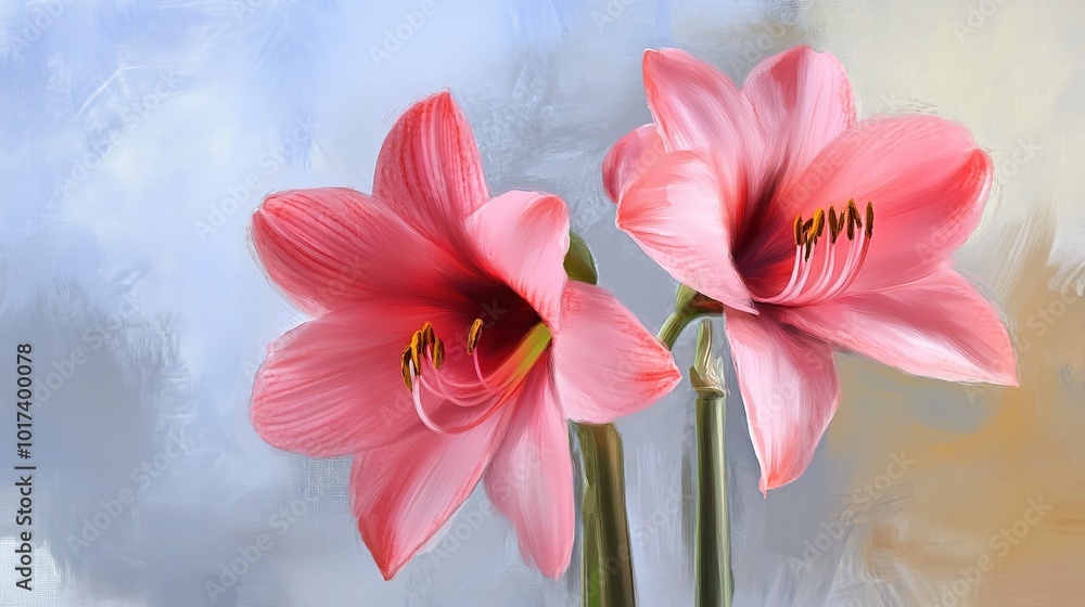 Obraz premium A Stunning Display of Amaryllis Flowers in Vibrant Shades of Red, Pink, and White, Showcasing Their Bold and Dramatic Blooms. Each Flower Exudes Elegance and Grace, With Long, Lush Petals 