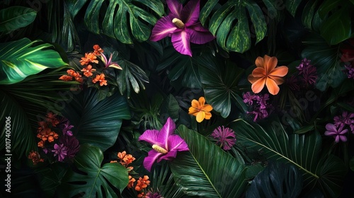 Fototapeta Naklejka Na Ścianę i Meble -  A tropical jungle scene with exotic flowers blooming among lush greenery, vivid pinks, oranges, and purples against dark leaves.