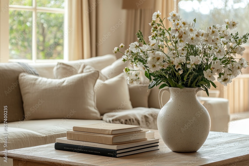 White flowers in a ceramic vase on a wooden coffee table in a living room. White flowers in a ceramic vase on a wooden coffee table in a living room.