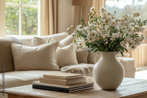 White flowers in a ceramic vase on a wooden coffee table in a living room.