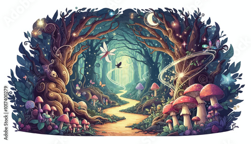 Mystical woodland with ancient trees lush vegetation and sparkling fairy lights background