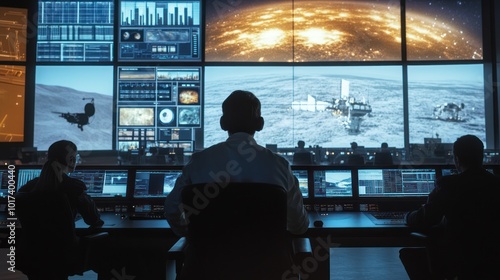 Inside the control room of a private space exploration company, where engineers monitor the progress of a crewed mission to Mars, with large screens showing live feeds from space.