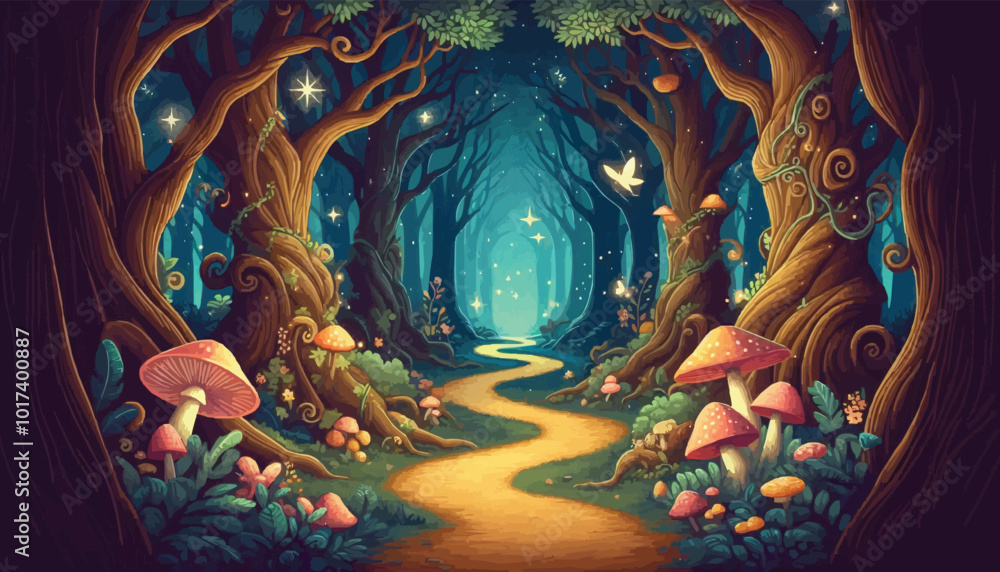 Fototapeta premium Mystical woodland with ancient trees lush vegetation and sparkling fairy lights background