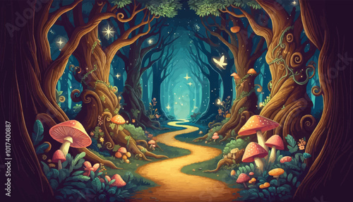 Mystical woodland with ancient trees lush vegetation and sparkling fairy lights background