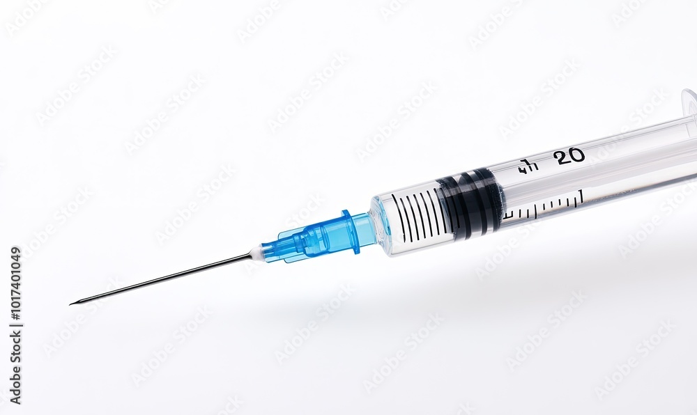 A syringe with a blue tip is shown on a white background A syringe with a blue tip is shown on a white background
