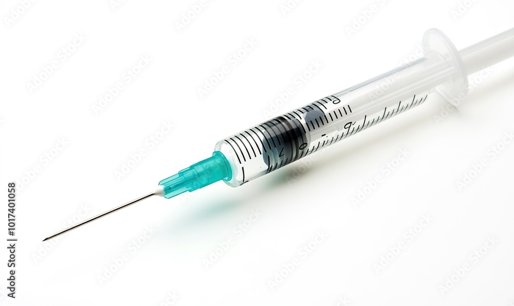 A syringe with a green tip is shown on a white background A syringe with a green tip is shown on a white background