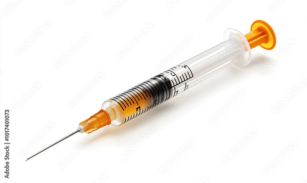 A syringe with a yellow tip and orange handle A syringe with a yellow tip and orange handle