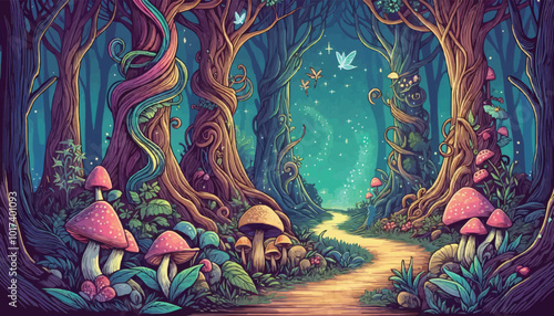 Mystical woodland with ancient trees lush vegetation and sparkling fairy lights background