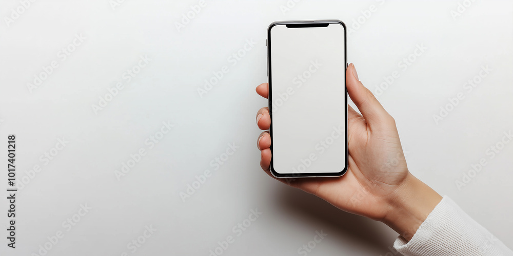 Woman holding smartphone with blank screen on white background Woman holding smartphone with blank screen on white background