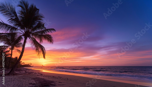 serene sunset over tropical beach, with palm trees silhouetted against vibrant colors