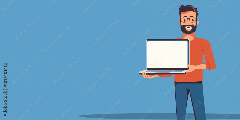 Smiling bearded man showing laptop screen on blue background Smiling bearded man showing laptop screen on blue background