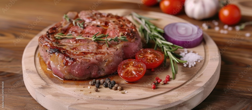 Gourmet Pork Chop Steak with Rosemary and Assorted Vegetables on Rustic Wooden Board with Spicy Seasonings Gourmet Pork Chop Steak with Rosemary and Assorted Vegetables on Rustic Wooden Board with Spicy Seasonings