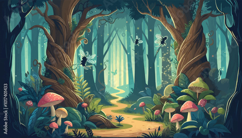 Mystical woodland with ancient trees lush vegetation and sparkling fairy lights background