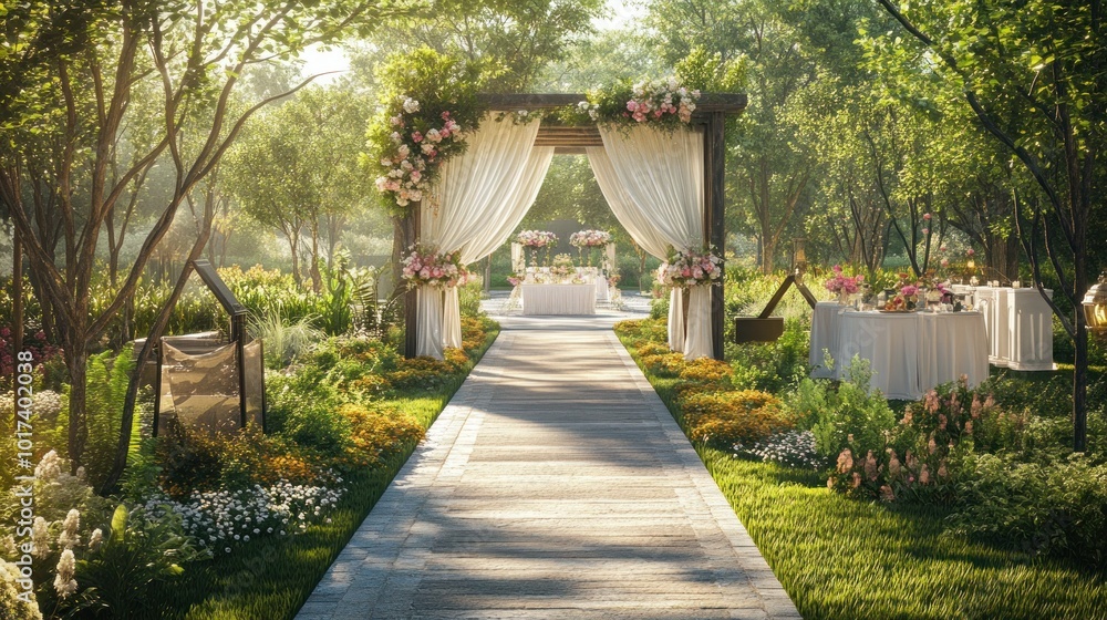 A tranquil garden path leading to a beautifully decorated wedding setup, serene atmosphere, A tranquil garden path leading to a beautifully decorated wedding setup, serene atmosphere,