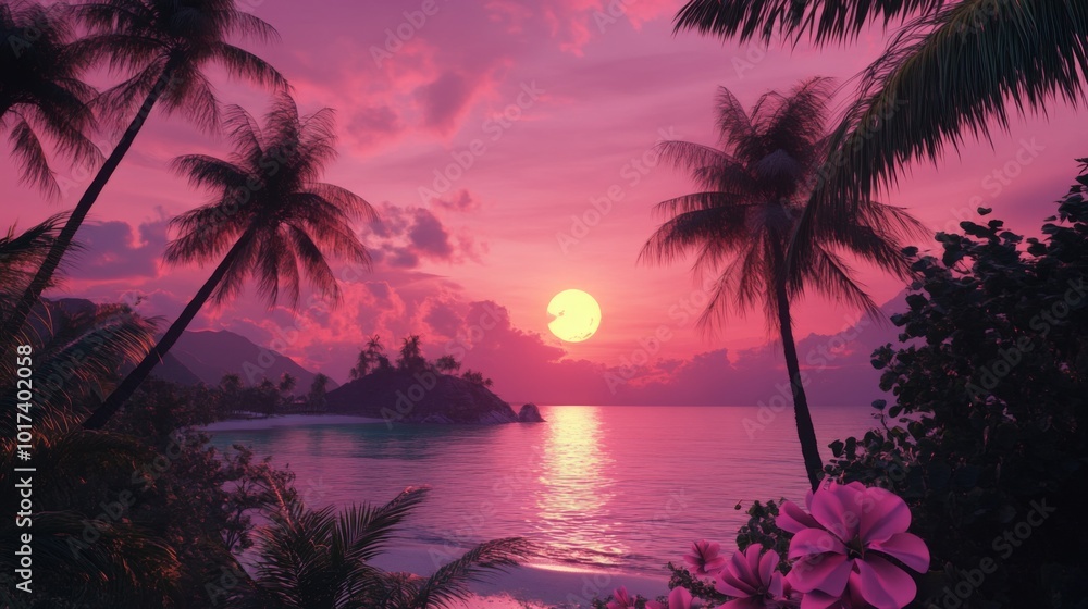 Naklejka premium A vibrant pink sunset over a tropical beach with palm trees and lush vegetation.