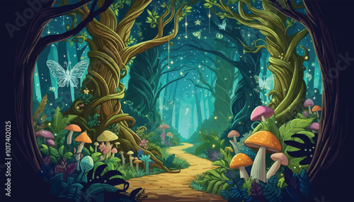 Mystical woodland with ancient trees lush vegetation and sparkling fairy lights background