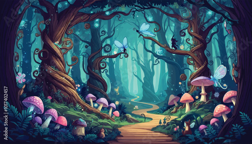 Mystical woodland with ancient trees lush vegetation and sparkling fairy lights background