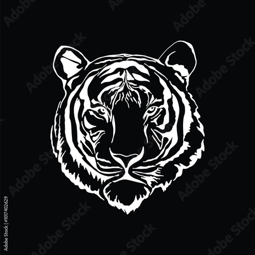 Vector Tiger Head Silhouette | Bold and Striking Animal Graphic, Iconic Tiger Face Design for Logos, Tattoos, T-Shirts, and Posters | Wildlife, Predator, Big Cat Silhouette in Black and White photo