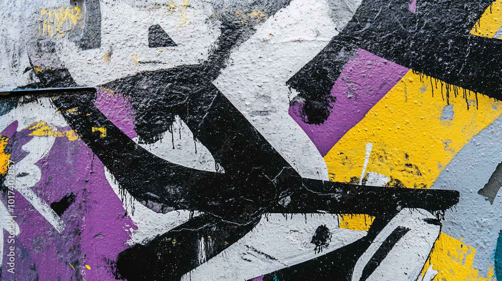 Fototapeta premium abstract urban graffiti wall art - black, white, yellow, purple, street art, texture, background, city, modern, cool, artistic, design