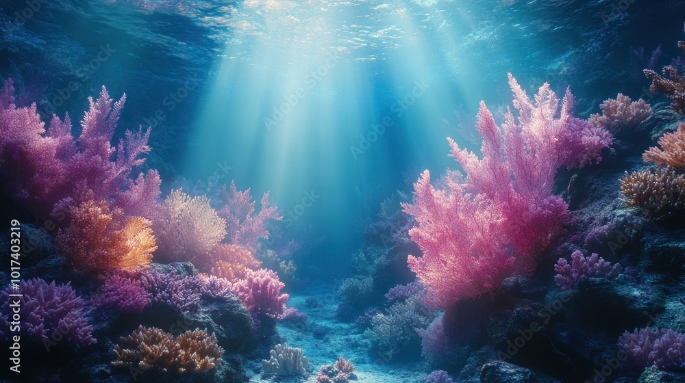 Naklejka premium Underwater Coral Reef with Sunlight