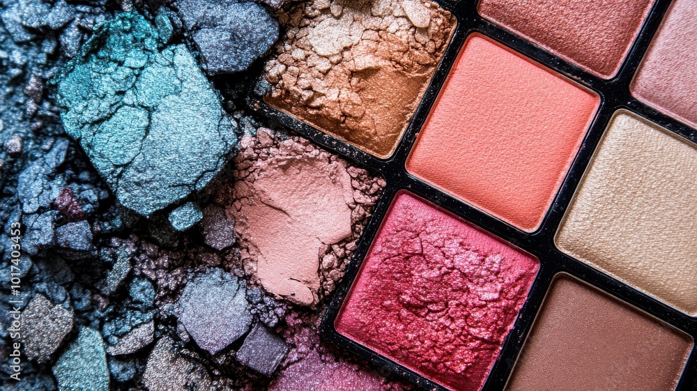 Colorful makeup palette with crushed pigments on a white isolated background. Colorful makeup palette with crushed pigments on a white isolated background.
