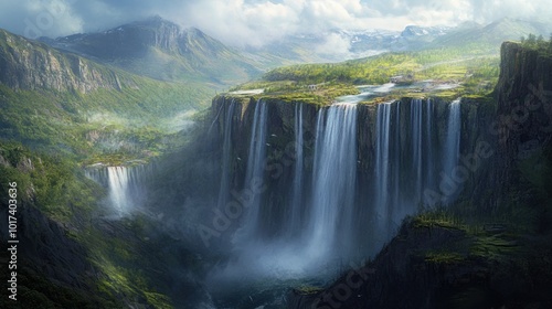 Majestic Waterfall in a Lush Valley